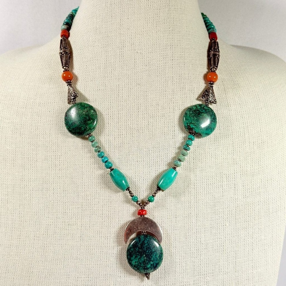 Vintage Turquoise Necklace Sterling Silver Beads 20" with a 2" Drop - Picture 2 of 12